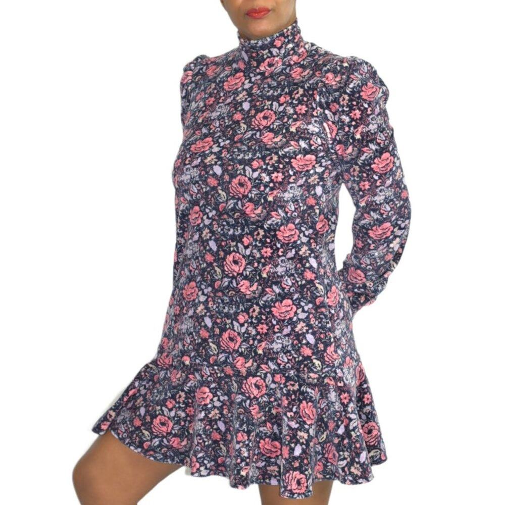 Rebecca Taylor La Vie Dress Purple Floral Puff Sleeve Drop Waist Mini Size XS - Picture 13 of 16